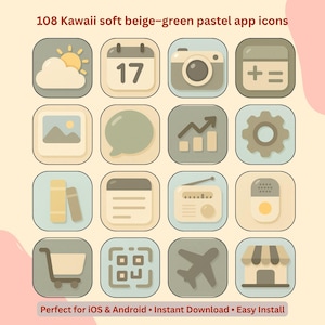 May include: A collection of 16 pastel-colored app icons in beige, green, and blue. Each icon is square with rounded corners and features a different design, including a sun, calendar, camera, and shopping cart. Text at the top reads "108 Kawaii soft beige-green pastel app icons."