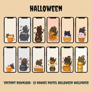 May include: A collection of 12 Kawaii pastel Halloween wallpapers displayed on smartphones. Each wallpaper features a black cat in a witch hat with Halloween-themed elements like pumpkins, candy, and cauldrons. The word "HALLOWEEN" is at the top.