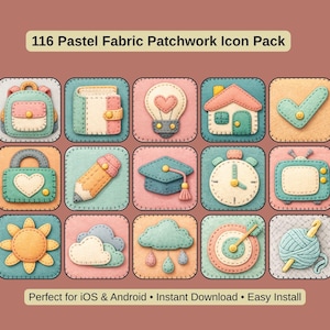 Könnte beinhalten: Eine Sammlung von 116 pastellfarbenen Stoff-Patchwork-Symbolen, darunter ein Rucksack, eine Geldbörse, eine Glühbirne, ein Haus, ein Häkchen, ein Schloss, ein Bleistift, eine Abschlusskappe, eine Uhr, ein Fernseher, eine Sonne, eine Wolke, ein Ziel und ein Garnknäuel.
