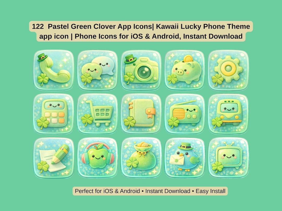 Kawaii Clover App Icons – Pastel Green Lucky Theme (122, Ios & Android ...