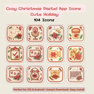 May include: A collection of 12 pastel-colored app icons with a Christmas theme. Each square icon features a unique design, including a map, microphone, cloud, and alarm clock, all adorned with red poinsettias and holly. The text "Cozy Christmas Pastel App Icons" and "Cute Holiday" are displayed at the top.