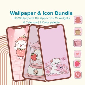 Paquete de tema de gato rosa para teléfono kawaii/Iconos kawaii, fondos de pantalla, widgets/Paquete de iconos pastel rosa lindo para Android y iPhone. Descarga de tema animal estético.