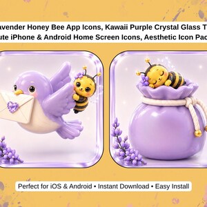 May include: A digital icon pack featuring 207 lavender honey bee app icons with a purple crystal glass theme. The icons display a purple bird holding a white envelope and a bee sleeping on a purple drawstring pouch, accented with lavender flowers.