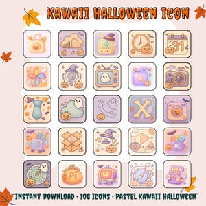 May include: A collection of 20 pastel-colored Kawaii Halloween icons. Each square icon features a different Halloween-themed illustration, including pumpkins, ghosts, and witch hats. The text at the bottom reads "INSTANT DOWNLOAD • 106 ICONS • PASTEL KAWAII HALLOWEEN".