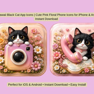 May include: Two square digital app icons featuring a black and white cat surrounded by pink and white flowers. One icon displays a pink camera, the other a pink telephone handset. Text reads: 210 Kawaii Black Cat App Icons | Cute Pink Floral Phone Icons for iPhone & Android Instant Download. Perfect for iOS & Android • Instant Download • Easy Install.