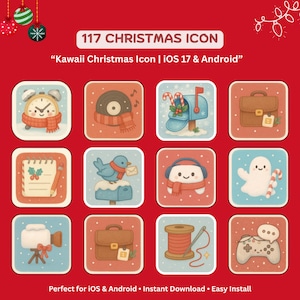 Pode incluir: Uma coleção de 117 ícones de Natal com estética kawaii. Cada ícone quadrado apresenta um design único, incluindo um relógio, um disco, uma caixa de correio, uma pasta, um bloco de notas, um pássaro, fones de ouvido, um fantasma, uma câmera, um carretel de linha e um controle de jogo.