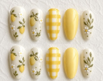 Lemon Daisy Nail Box, Yellow Gingham Press on Nails, Fruit Floral Nail Art, Handmade Reusable Gel Nails, Summer Picnic Set RRD-4WL28