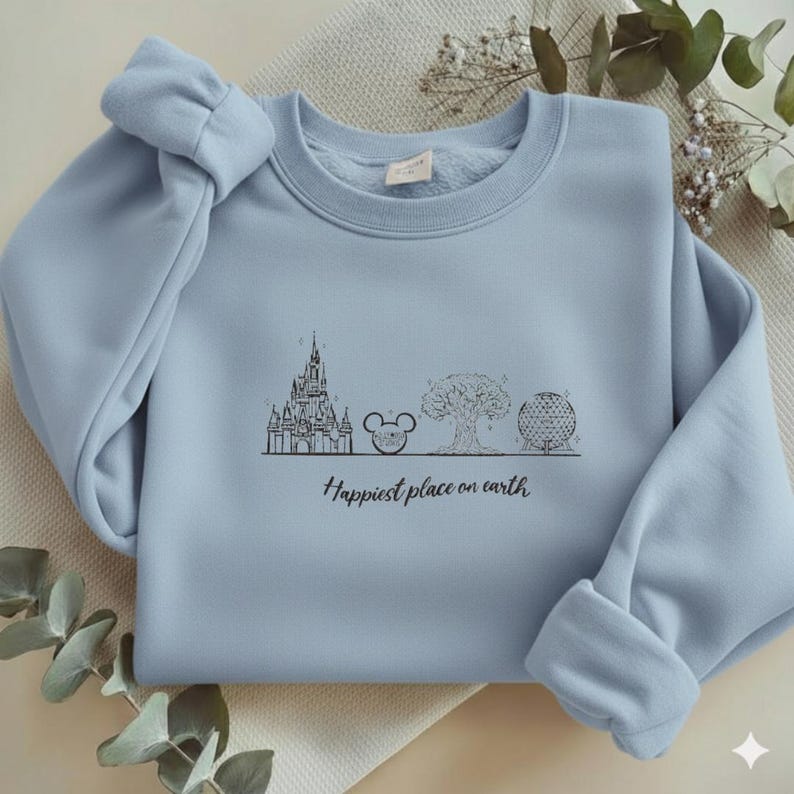Embroidered Disney World Sweatshirt, Happiest Place On Earth Crewneck, Minimalist Disney Parks Shirt, Castle Epcot Gift, Aesthetic RRD-2WL81 image 2