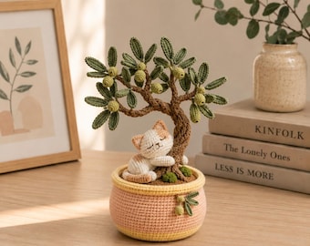 Crochet Cat Bonsai Tree, Amigurumi Sleeping Kitten Potted Plant, Whimsical Olive Desk Decor, Cute Cat Lover Gift for Her R-23052695