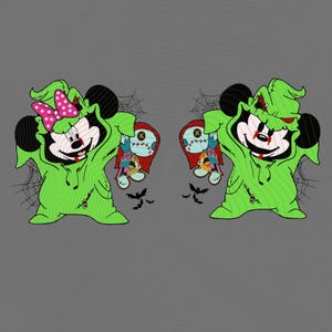 May include: Two cartoon Mickey Mouse characters dressed as Oogie Boogie from The Nightmare Before Christmas. One Mickey wears a pink polka dot bow. Each Mickey holds a Sally doll. The image has spiderwebs and bats on a gray background.