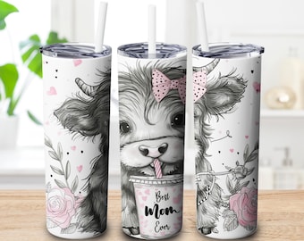 Najlepsza mama na świecie Tumbler Wrap, Highland Cow Mother's Day Tumbler Template, 20oz Skinny Tumbler, Sublimacja Projekt Cyfrowy Pobierz PNG