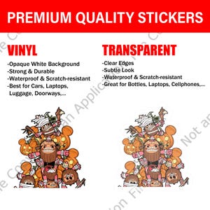 May include: The image showcases two sticker designs. One is vinyl with an opaque white background, and the other is transparent with clear edges. Both are waterproof and scratch-resistant. The stickers feature a cartoon monster design with pumpkins.