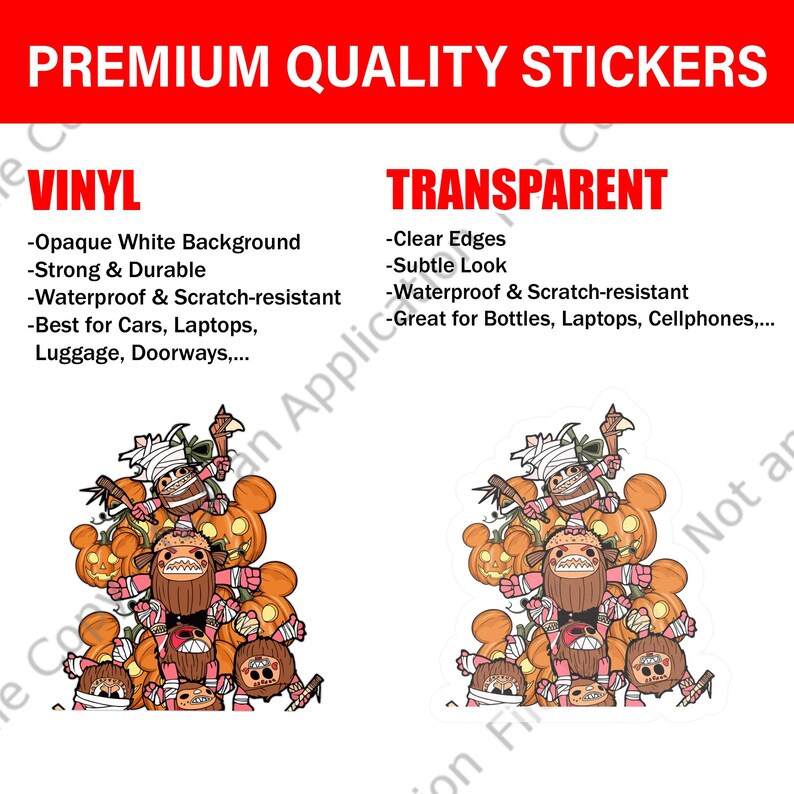 May include: The image showcases two sticker designs. One is vinyl with an opaque white background, and the other is transparent with clear edges. Both are waterproof and scratch-resistant. The stickers feature a cartoon monster design with pumpkins.