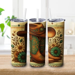 Western Cowboy Boots Tumbler Wrap, 20 oz Skinny Tumbler Sublimation Design Wrap, Digital Download, Straight Design PNG, Cactus & Flowers