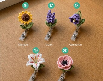 Handmade Crochet Flower Badge Reel Collection, ID Holder for Nurse and Teacher, Amigurumi Badge Clip, Gift for Healthcare Workers R-13052625