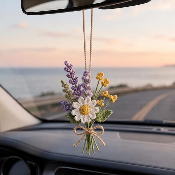Multiple Crochet Daisy and Lavender Car Charm, Flower Bouquet Rear View Mirror Hanging, Whimsical Cottagecore Car Accessory Gift R-23052673