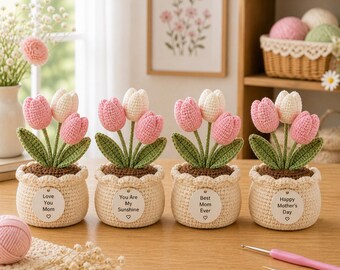 Handmade Crochet Tulips in Pot – Mini Crochet Flowers — Forever Blooming Floral Decor & Unique Gift,Flower Crochet G4J450