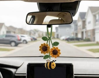 Multiple Crochet Car Hanging Accessories bug Bumble Bee Rear View Mirror Charm Handmade Flower Plant New Car Gift for Her Y-14052612C