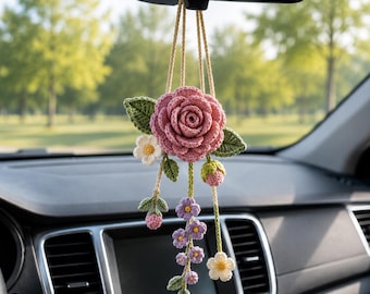 Crochet Flower Car Hanging Charm, Handmade Daisy Lavender Rearview Mirror Accessory, Cottagecore Plant Car Decor, Gift for Her R-13052679