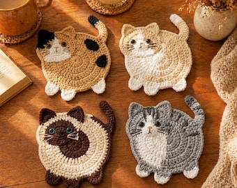 Handmade Crochet Cat Coaster Set, Kitten Drink Mat, Personalized Pet Lover Gift, Cottagecore Kitchen Decor, Aesthetic Tableware R-13052621