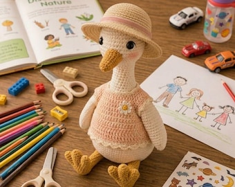 Crochet Goose Doll, Handmade Duck Plush Toy, Cottagecore Goose Decor, Summer Goose Plush,Amigurumi Animal Doll,Farmhouse Crochet R-22052601