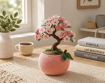 Crochet Cherry Blossom Bonsai Peach Pot, Amigurumi Pink Sakura Tree, Feng Shui Desk Decor, Good Luck Japanese Aesthetic Gift R-23052644
