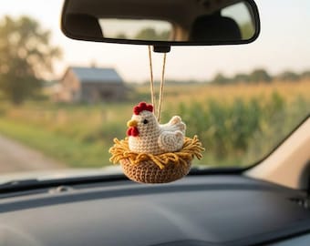 Crochet Car Charm, Handmade Hanging Ornament, Cute Hen in Nest Accessory, Boho Car Decor, Adorable Yarn Gift Y-03062608C
