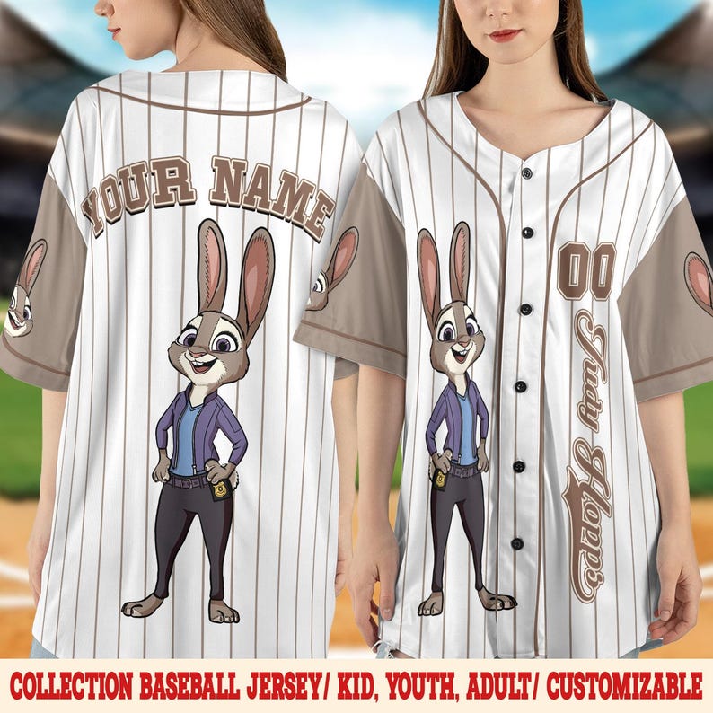 May include: White baseball jersey with vertical pinstripes, featuring a cartoon character and the name "Judy Hopps." The jersey has brown sleeves and trim, with the text "YOUR NAME" on the back. The jersey is customizable and available for kids, youth, and adults.