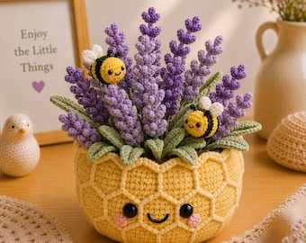 Crochet Lavender Pot with Cute Bees, Knitted Honeycomb Arrangement, Handmade Amigurumi Desk Decor, Gift For Her RRD-4WL19