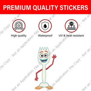 以下が含まれることがあります： 上部に「PREMIUM QUALITY STICKERS」というテキストが入った白いステッカー。ステッカーには、バッジ、水滴、矢印付きの太陽の3つのアイコンがあります。下には、笑顔で手を振っている漫画のフォークのキャラクターがいます。