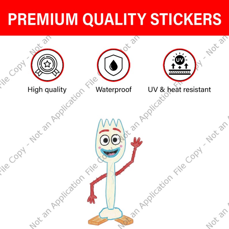 以下が含まれることがあります： 上部に「PREMIUM QUALITY STICKERS」というテキストが入った白いステッカー。ステッカーには、バッジ、水滴、矢印付きの太陽の3つのアイコンがあります。下には、笑顔で手を振っている漫画のフォークのキャラクターがいます。