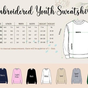 May include: An informational chart titled Embroidered Youth Sweatshirt displaying a size guide table with US sizes S to XL, including length, width, sleeve, height, and weight measurements in inches, cm, and kg, alongside a line drawing of a sweatshirt.
