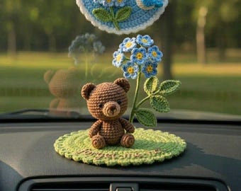 Multiple Crochet Cat Car Dashboard Decor, Cute Amigurumi Kitten with Plumeria Flower, Cute Car Ornament, New Car Gift for Women R-23052637