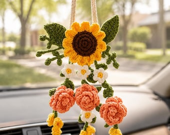 Crochet Flower Car Hanging Charm, Handmade Daisy Lavender Rearview Mirror Accessory, Cottagecore Plant Car Decor, Gift for Her R-13052679