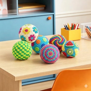 May include: A collection of six colorful, crocheted balls with various patterns, including floral, geometric, and spiral designs. The balls are arranged on a light wood table, with a blue cabinet and yellow pencil holder in the background.