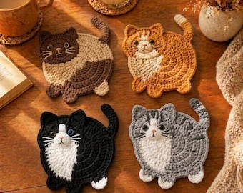 Handmade Crochet Cat Coaster Set, Kitten Drink Mat, Personalized Pet Lover Gift, Cottagecore Kitchen Decor, Aesthetic Tableware R-13052621