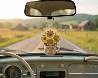 Multiple Crochet Car Hanging, Rear View Mirror Accessory, Aesthetic Flower Car Decor, Cute Cup Car Charm, Handmade New Car Gift Y-14052601C