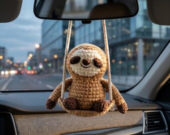 Crochet Sloth Car Hanging Amigurumi, Handmade Rearview Mirror Decor,Cute Yarn Animal Ornament,Car Charm Gift,Minimalist Crochet Decor G4J440