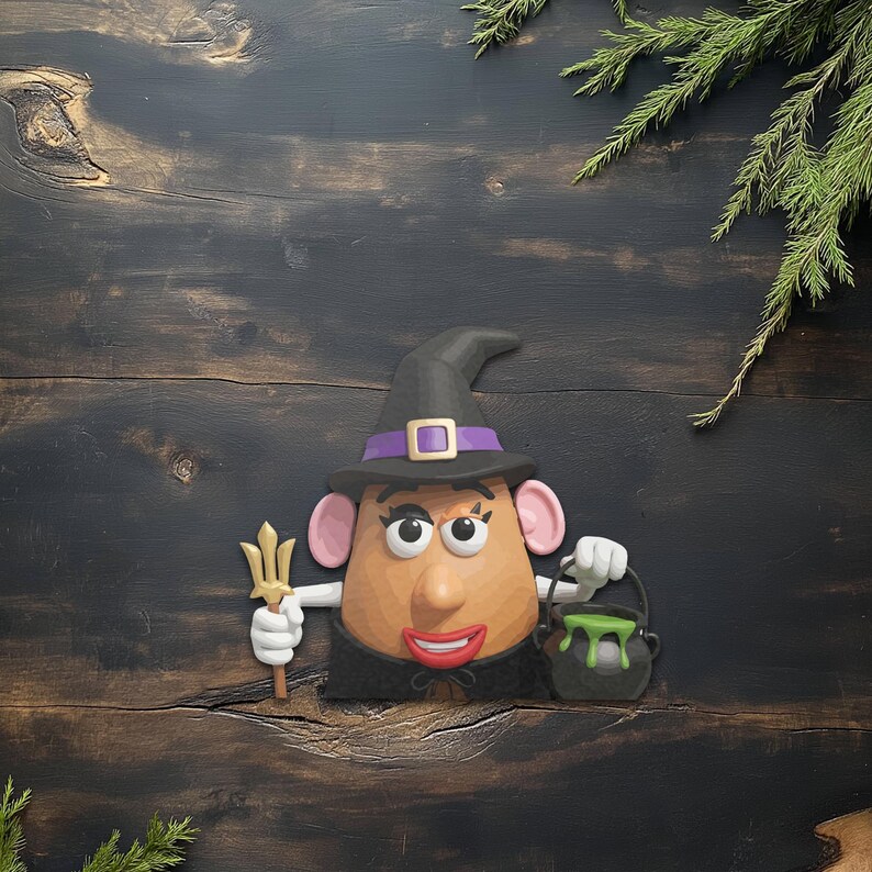 May include: A Halloween-themed Mr. Potato Head figure dressed as a witch. The figure wears a black witch hat with a purple band and a gold buckle. It holds a gold trident in one hand and a cauldron with green liquid in the other.