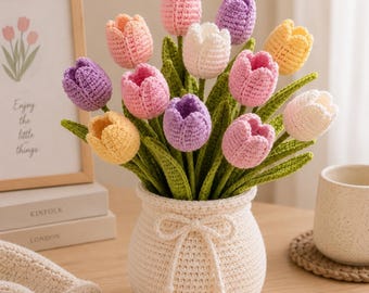 Handmade Crochet Tulip Bouquet in Pot, Knitted Flower Arrangement, Soft Home Decor, Unique Gift for Her, Anniversary Gift RRD-4WL01