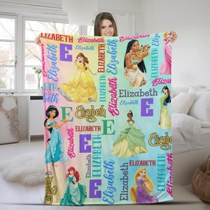 Personalized Watercolor Disney Princess Blanket, Custom Name Baby Girl, Disney Princess Birthday Girl Gift, WDW Disneyland Princess BZBG07