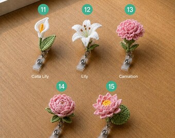 Handmade Crochet Flower Badge Reel Collection, ID Holder for Nurse and Teacher, Amigurumi Badge Clip, Gift for Healthcare Workers R-13052625