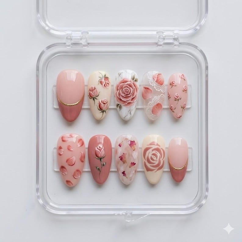 May include: A set of ten artificial nails in a clear plastic case. The nails feature various designs, including rose patterns, floral accents, and solid colors. The color palette includes shades of pink, white, and gold.