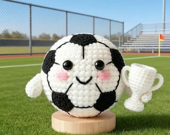 Crochet Soccer Ball with Trophy, Cute Amigurumi Football Plush, Sports Theme Desk Decor, Whimsical Winner Gift for Soccer Fan R-23052636