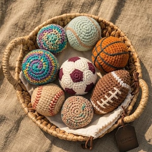 May include: A woven basket holds a collection of crocheted sports balls. Included are a baseball, football, basketball, soccer ball, and tennis ball. The balls are in various colors, including orange, brown, white, and teal.