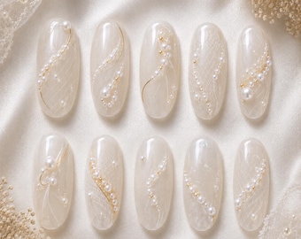 Luxury Pearl Veil Nail Box, Elegant White Press on Nails, Minimalist Net Art, Handmade Reusable Gel Nail Set, Wedding Manicure RRD-6WL33