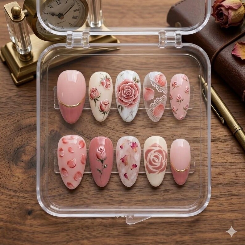 May include: A set of ten artificial nails in a clear plastic case. The nails feature various designs, including roses, floral patterns, and solid colors. Some nails have a gold accent. The color palette includes shades of pink, white, and beige.