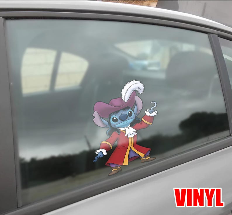 May include: A vinyl decal of Stitch dressed as Captain Hook, with a red coat, purple hat, and a hook. The decal is applied to a car window. The word "VINYL" is printed in red.