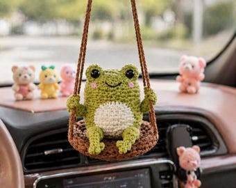 Crochet Frog Car Charm, Frog on a Swing, Cute Car Decor, Car Mirror Hanging, Car Accessories Gift for Women, stuffed animals G4J453
