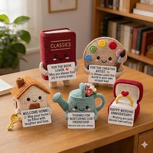Crochet Emotional Support Gift with Message Card, Amigurumi Book House Watering Can Palette, Handmade Positive Gift for Friend R-13052634